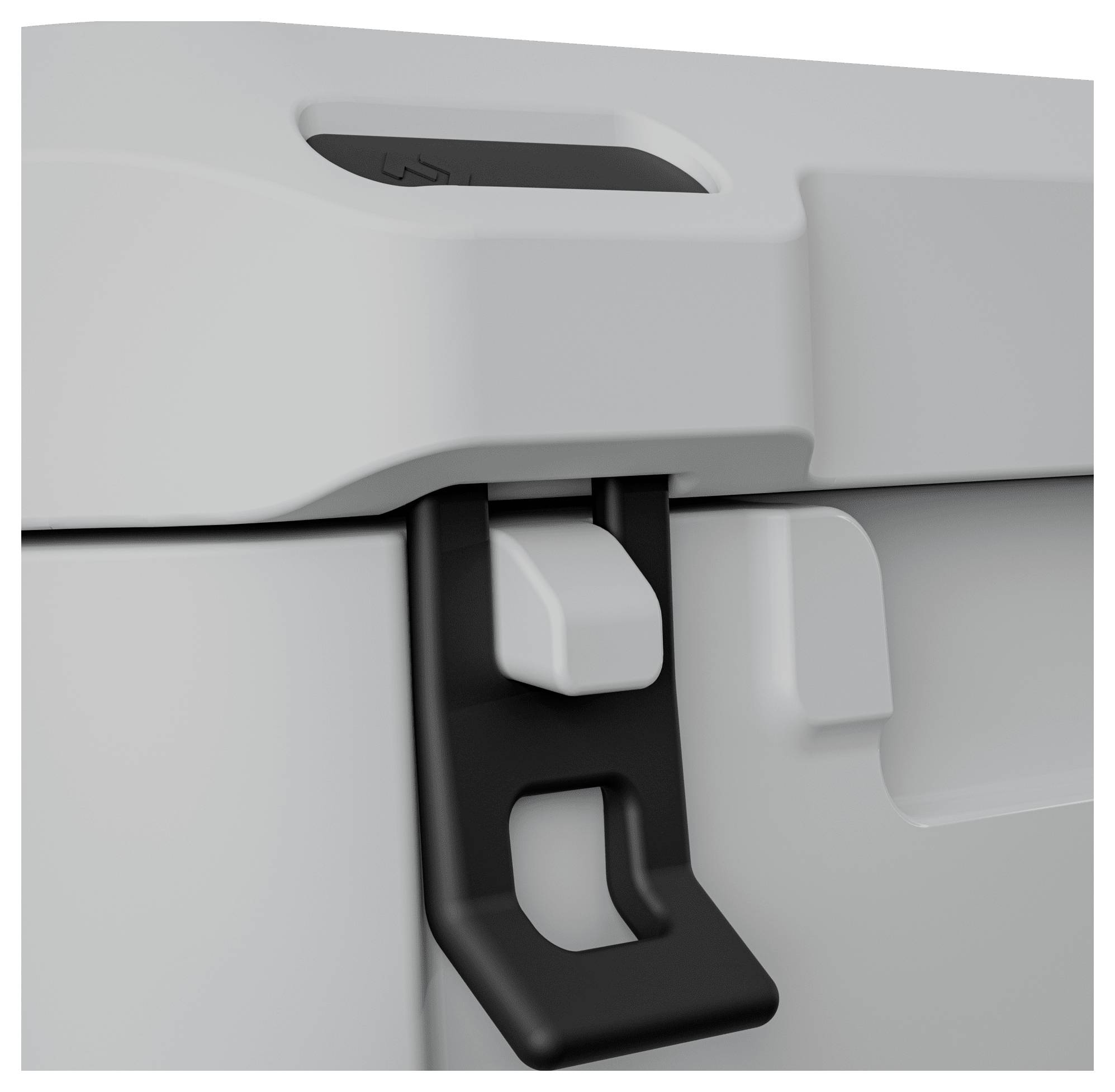 Nahaufnahme einer weißen Kunststoffverriegelung und eines schwarzen Scharniers/Clips auf einem aufklappbaren Deckel eines Geräts oder Behälters.