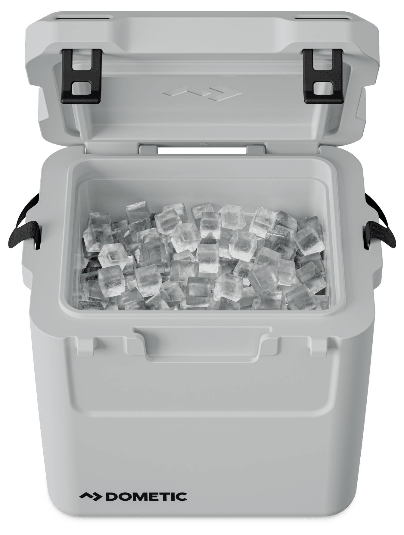 Offener grauer Dometic-Kühlbox mit Eiswürfeln gefüllt, mit angehobener Abdeckung zur Anzeige des Inhalts.