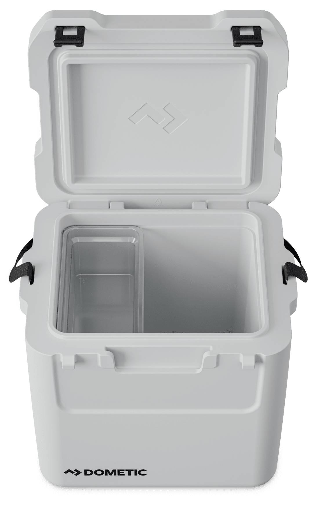 Offener grauer Dometic-Kühlbox mit hochgeklapptem Deckel, zeigt leeres isoliertes Inneres und einen abnehmbaren Trennkorb im Inneren.
