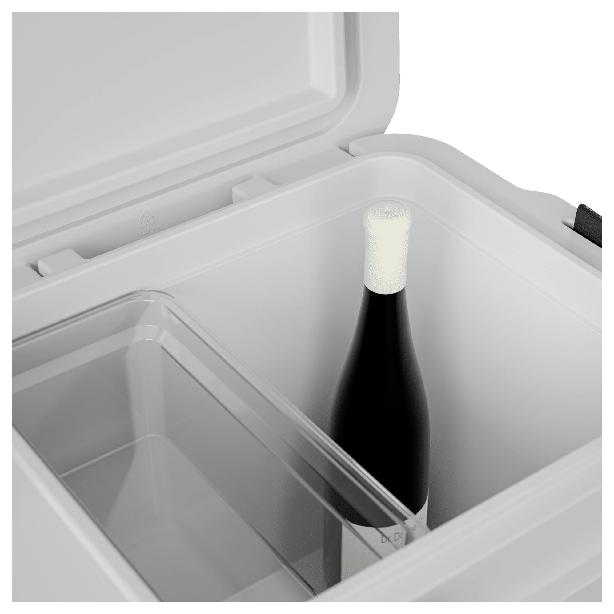 Offener Kühlbehälter mit einer einzelnen Weinflasche, die aufrecht neben einem abnehmbaren Teiler steht.