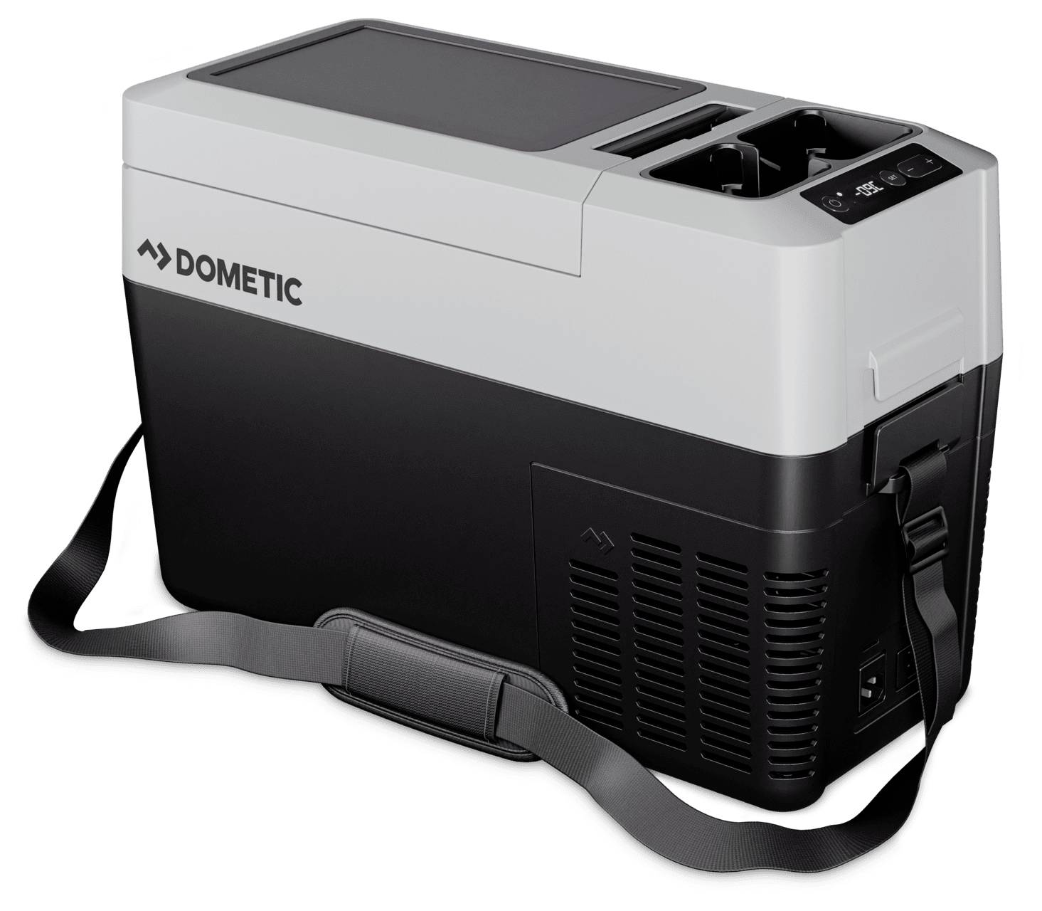 Tragbarer Dometic Elektrokühler mit Schultergurt, dargestellt in grau und schwarzer Seitenansicht.
