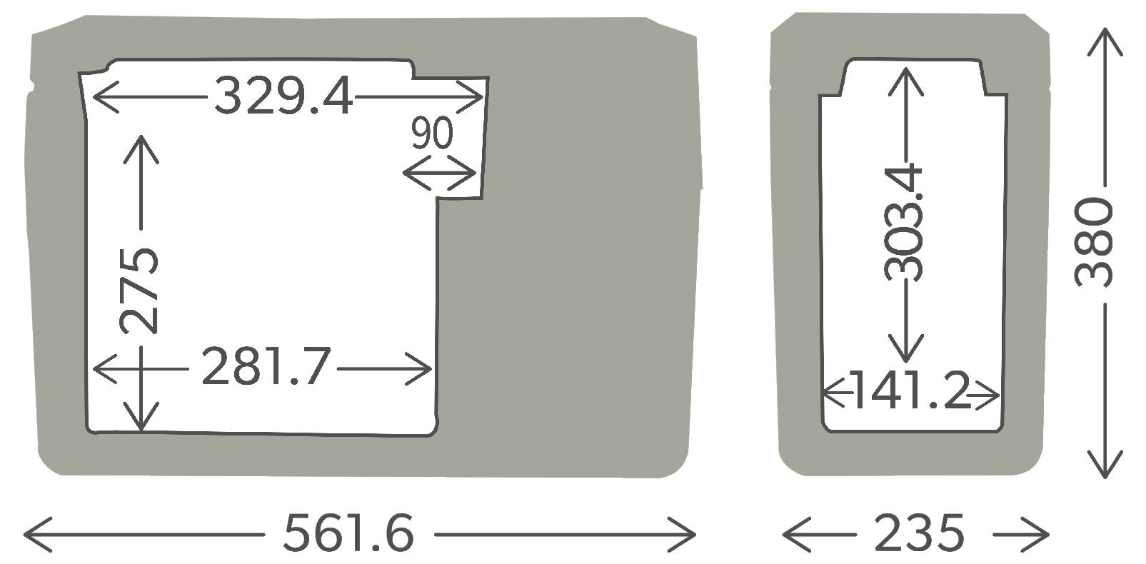 Technisches Dimensionsdiagramm einer unregelmäßigen Ausschnittsform, das die Breite 561,6 und Höhe 380 zeigt, mit inneren Abmessungen 329,4, 275, 281,7, 90, 235, 303,4 und 141,2.