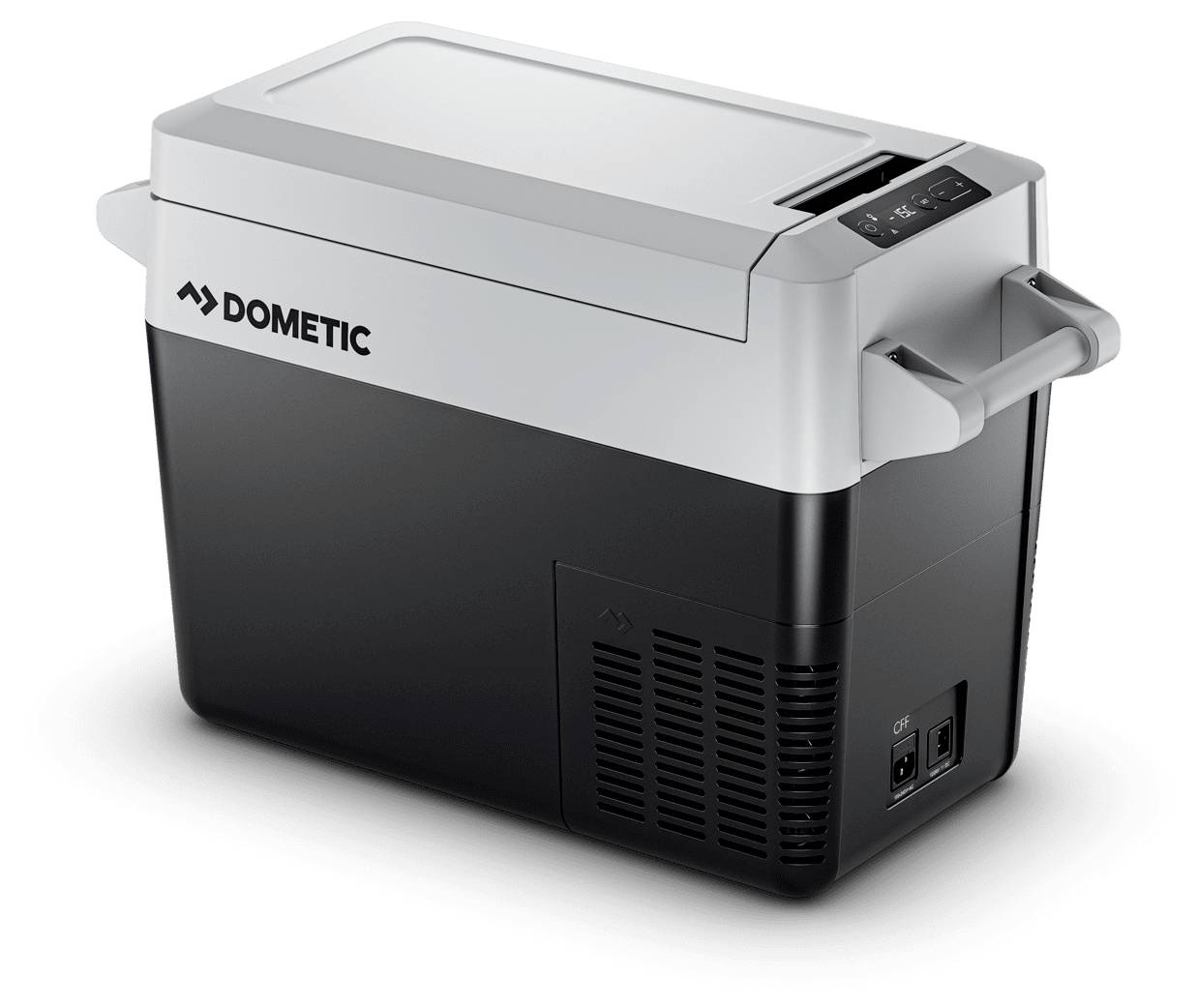 Schwarzer und grauer tragbarer Dometic-Kühlbox mit Deckeldeckel, Seitengriffen und frontaler Lüftungsgitteröffnung, gezeigt auf weißem Hintergrund.