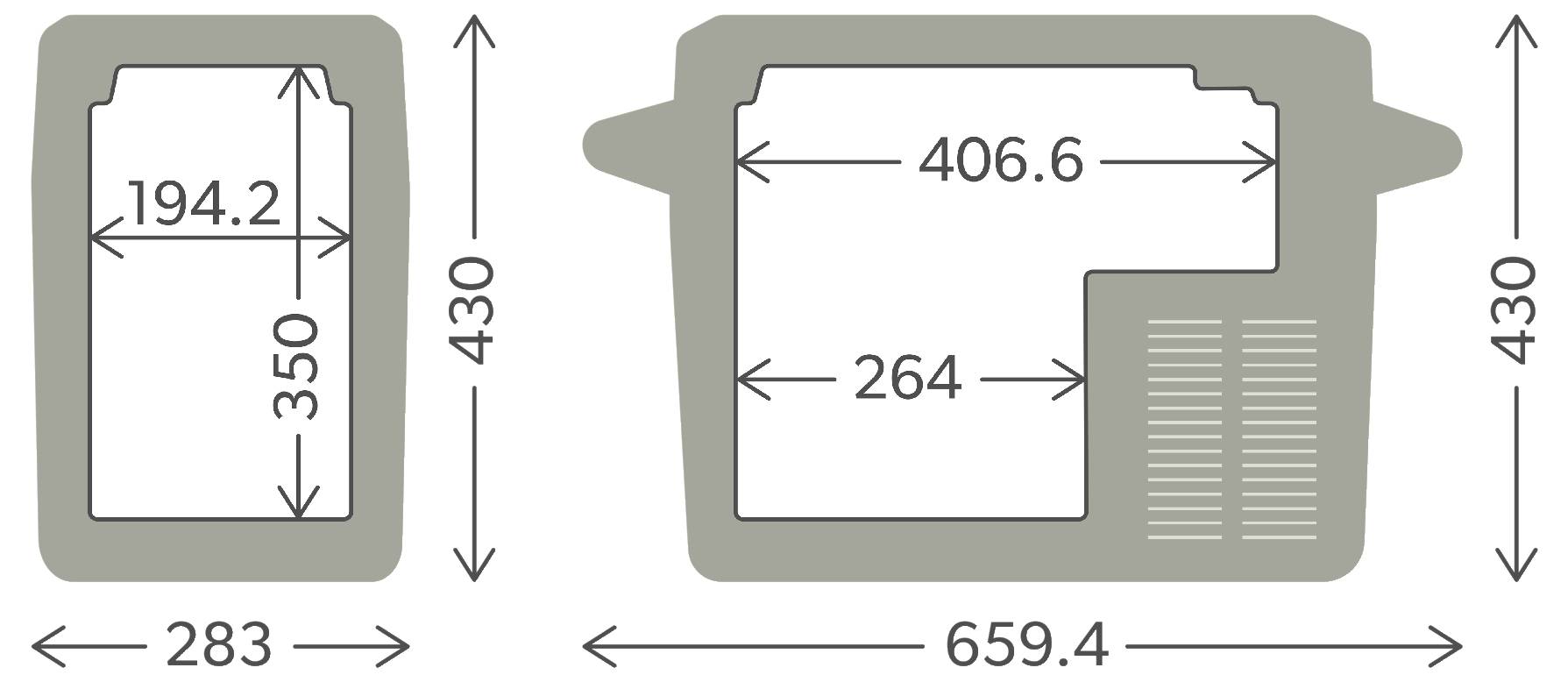 Dimensionierte Umrisse von zwei rechteckigen Rahmenformen mit angegebenen Messungen: links 283 mal 430, innere Öffnung 194,2 mal 350; rechts 659,4 mal 430, innere Abschnitte 406,6 und 264.