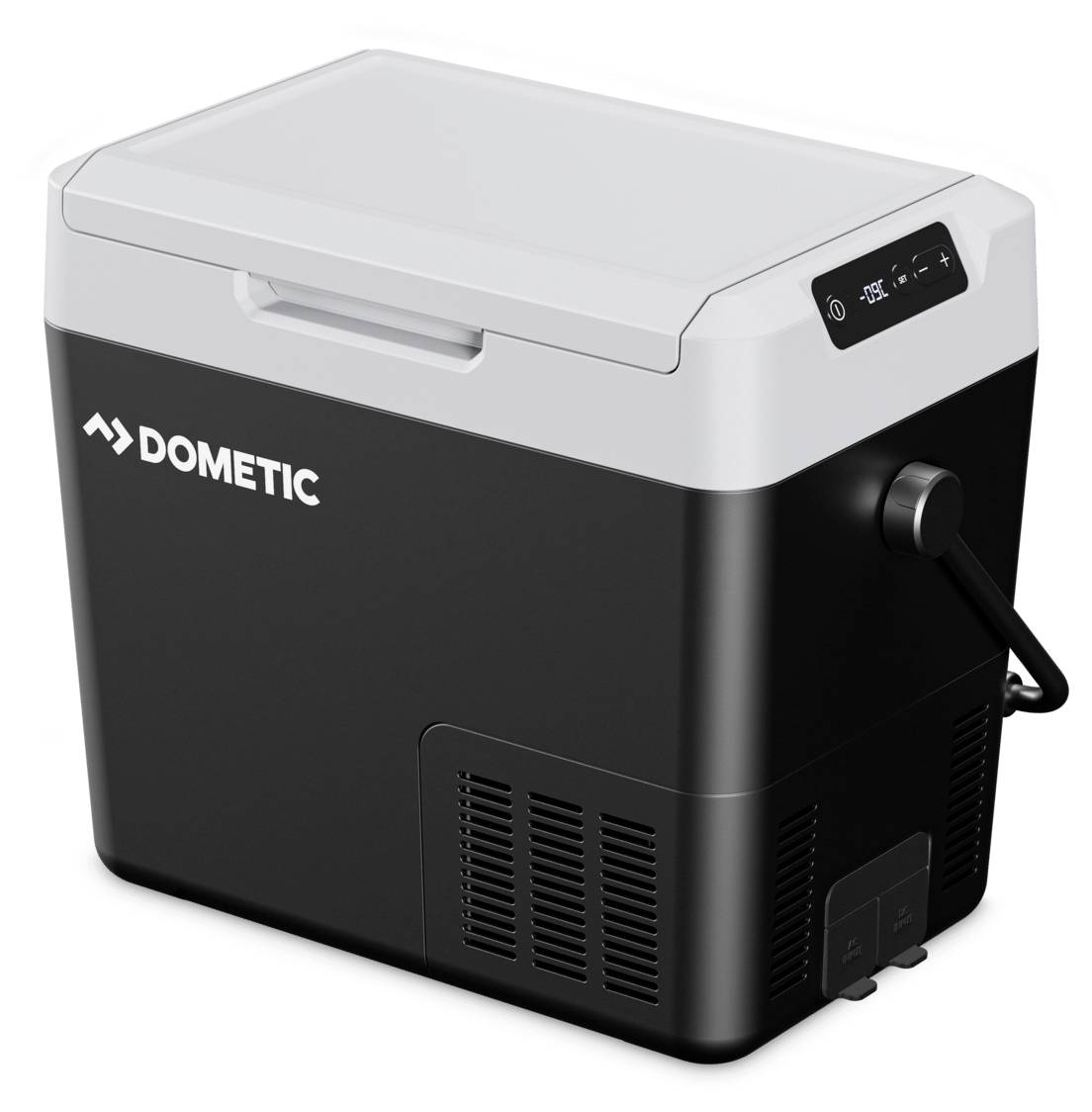 Dometic tragbare elektrische Kühlbox mit digitaler Bedienungstafel, abgebildet in Schwarz und Grau mit Griff und Stromkabel.