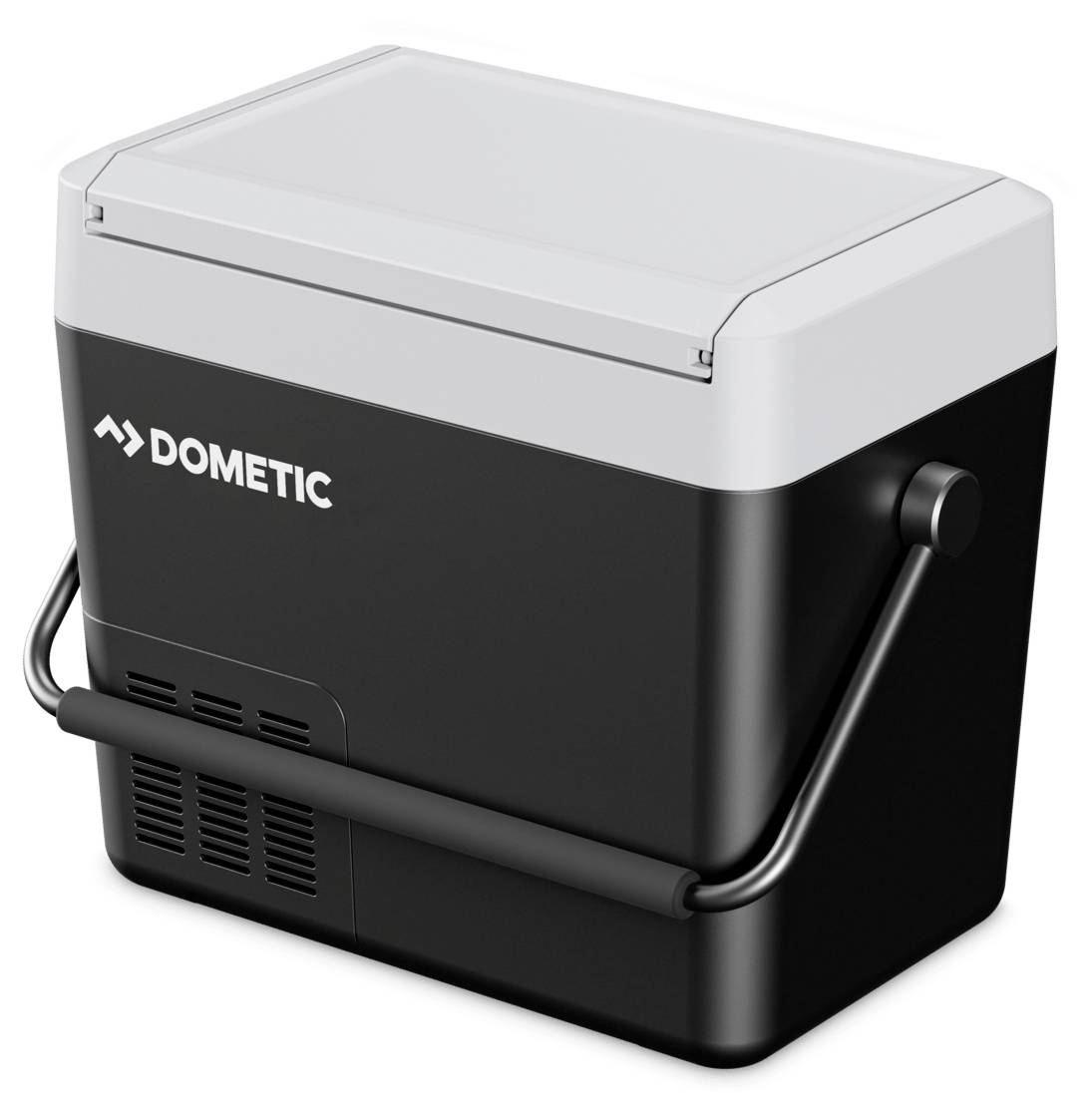 Schwarze tragbare elektrische Kühlbox von Dometic mit grauem Deckel und Metallgriffen, vor weißem Hintergrund dargestellt.