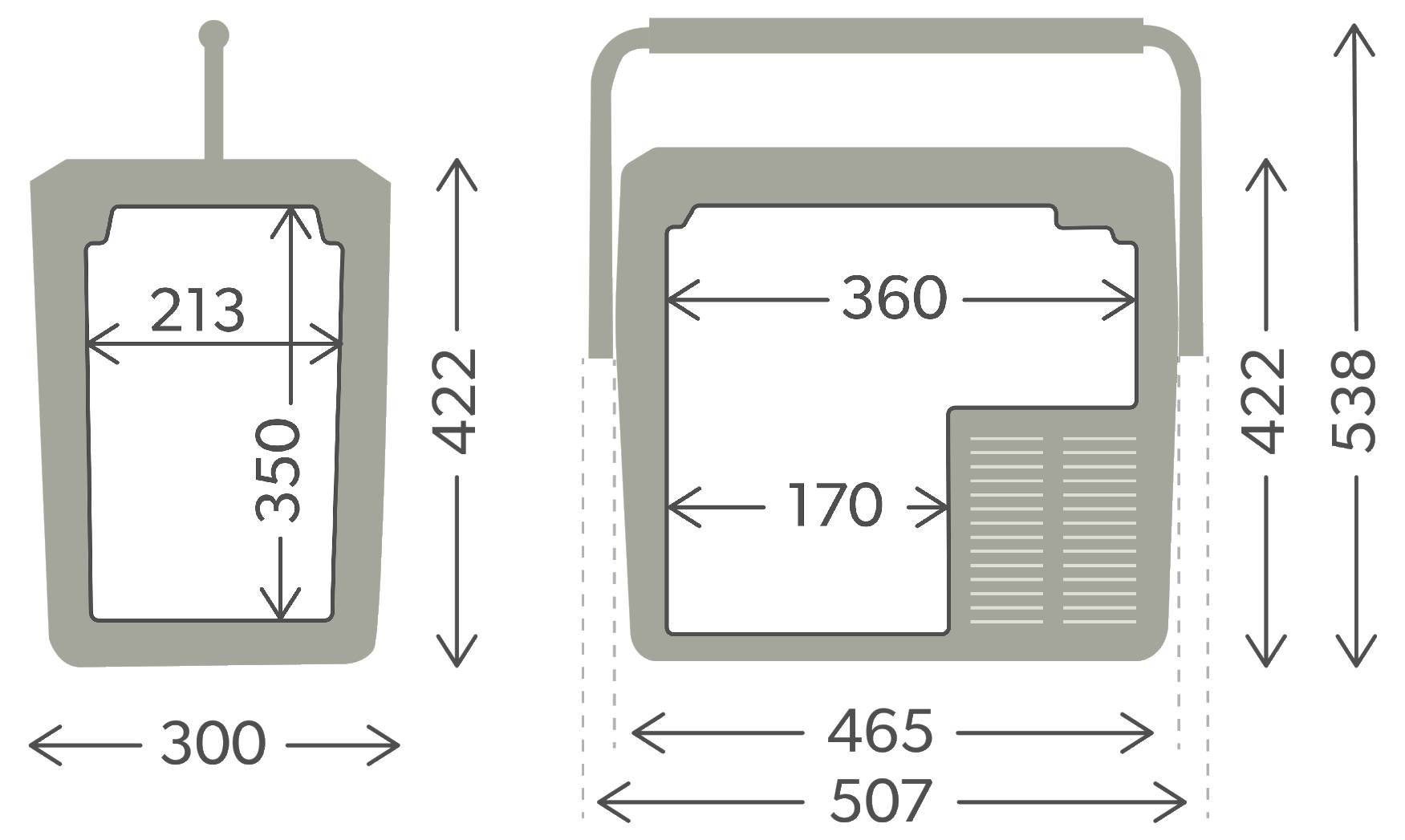Maßstabzeichnung von zwei beutelähnlichen Behältern, die Breite, Höhe und Öffnungsmessungen mit Pfeilen und Beschriftungen in Millimetern zeigen.