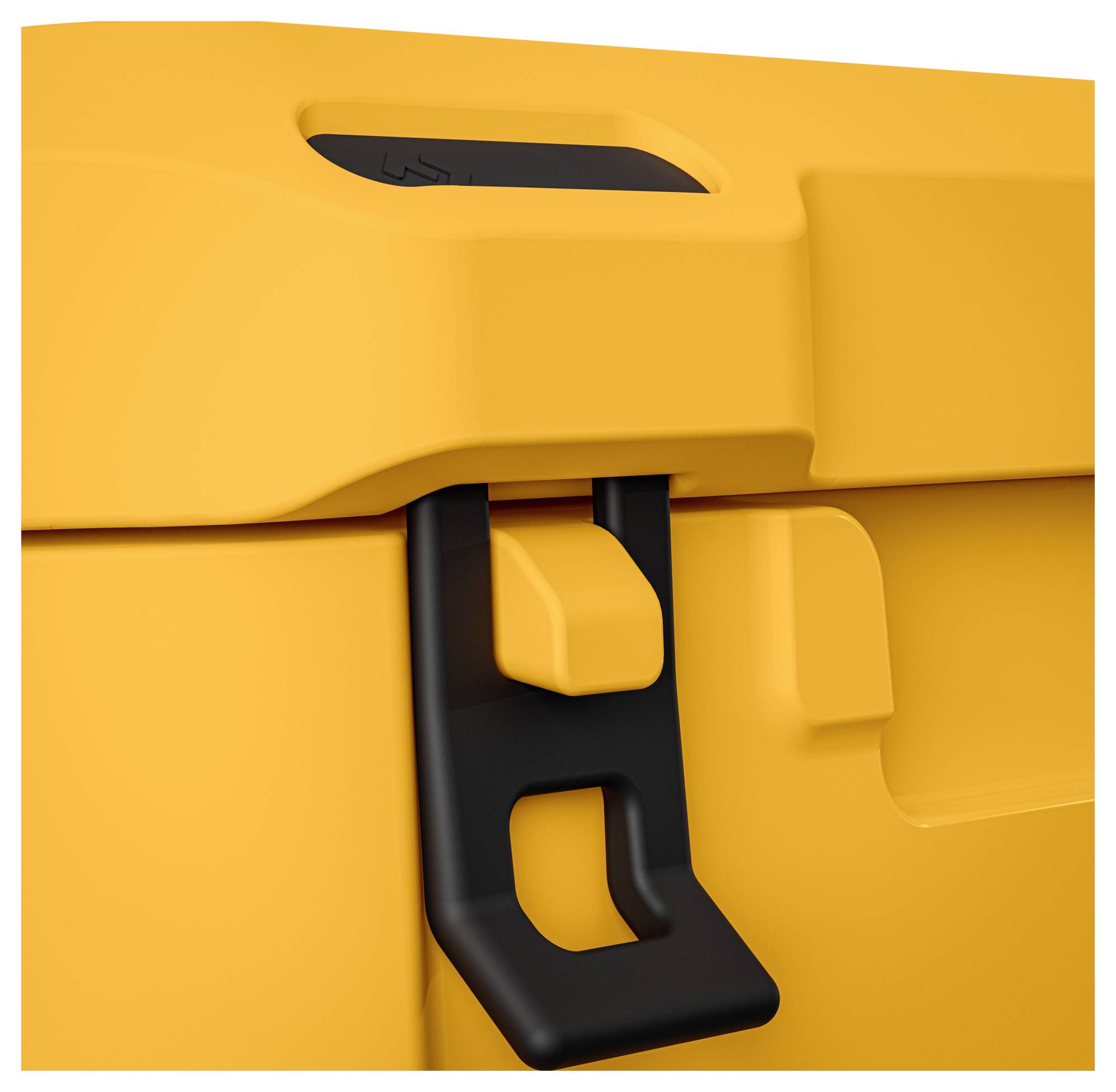 Nahaufnahme eines gelben Hartschalengehäuses oder Behälters mit einer schwarzen Verschlussvorrichtung, die in der Mitte gesichert ist.