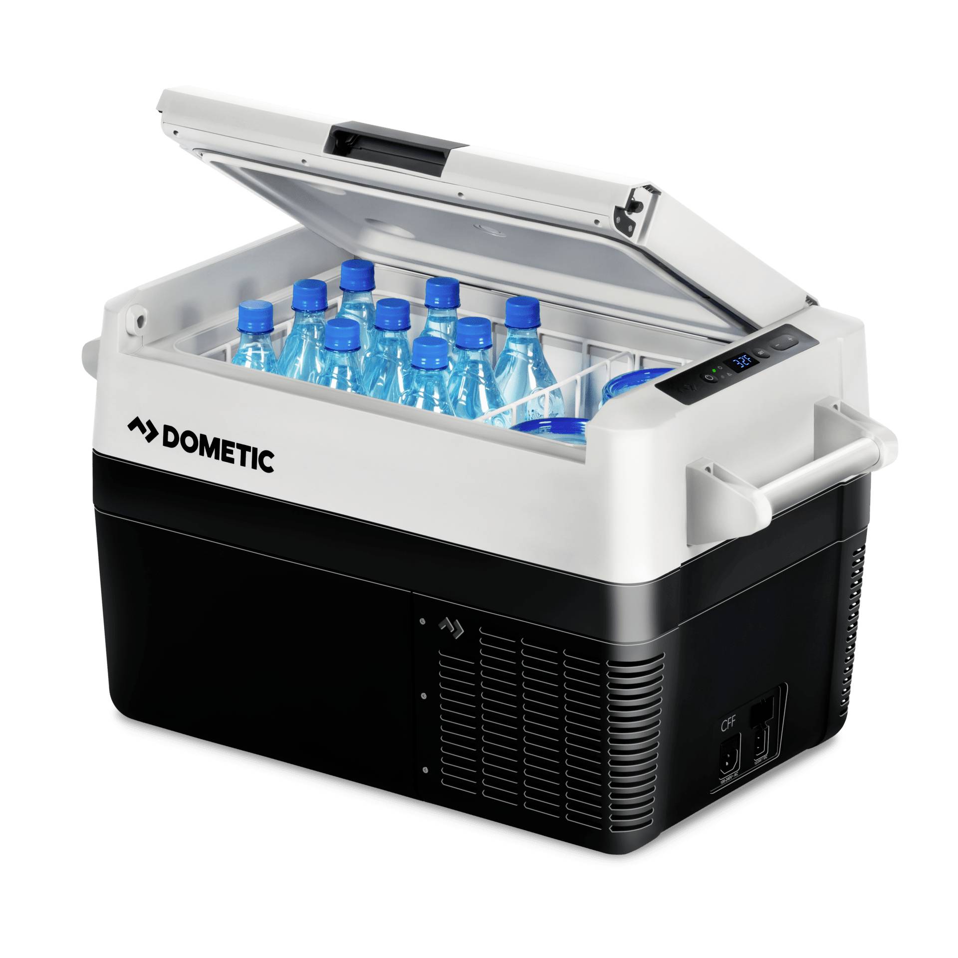 Offene tragbare Dometic-Kühlbox mit angehobenem Deckel, der gekühlte Wasserflaschen im Inneren und ein digitales Bedienfeld auf der rechten Seite zeigt.