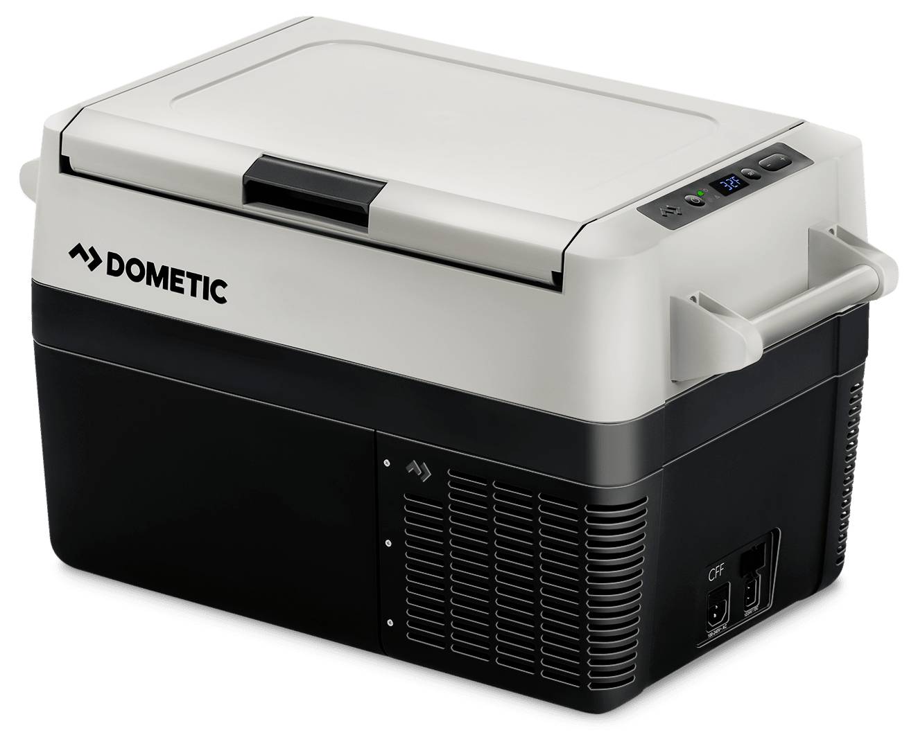 Dometic tragbarer elektrischer Kühlbehälter mit weißem Deckel und schwarzem Gehäuse, gezeigt in einer Dreiviertelansicht mit vorderen Lüftungsöffnungen und seitlichen Griffen.