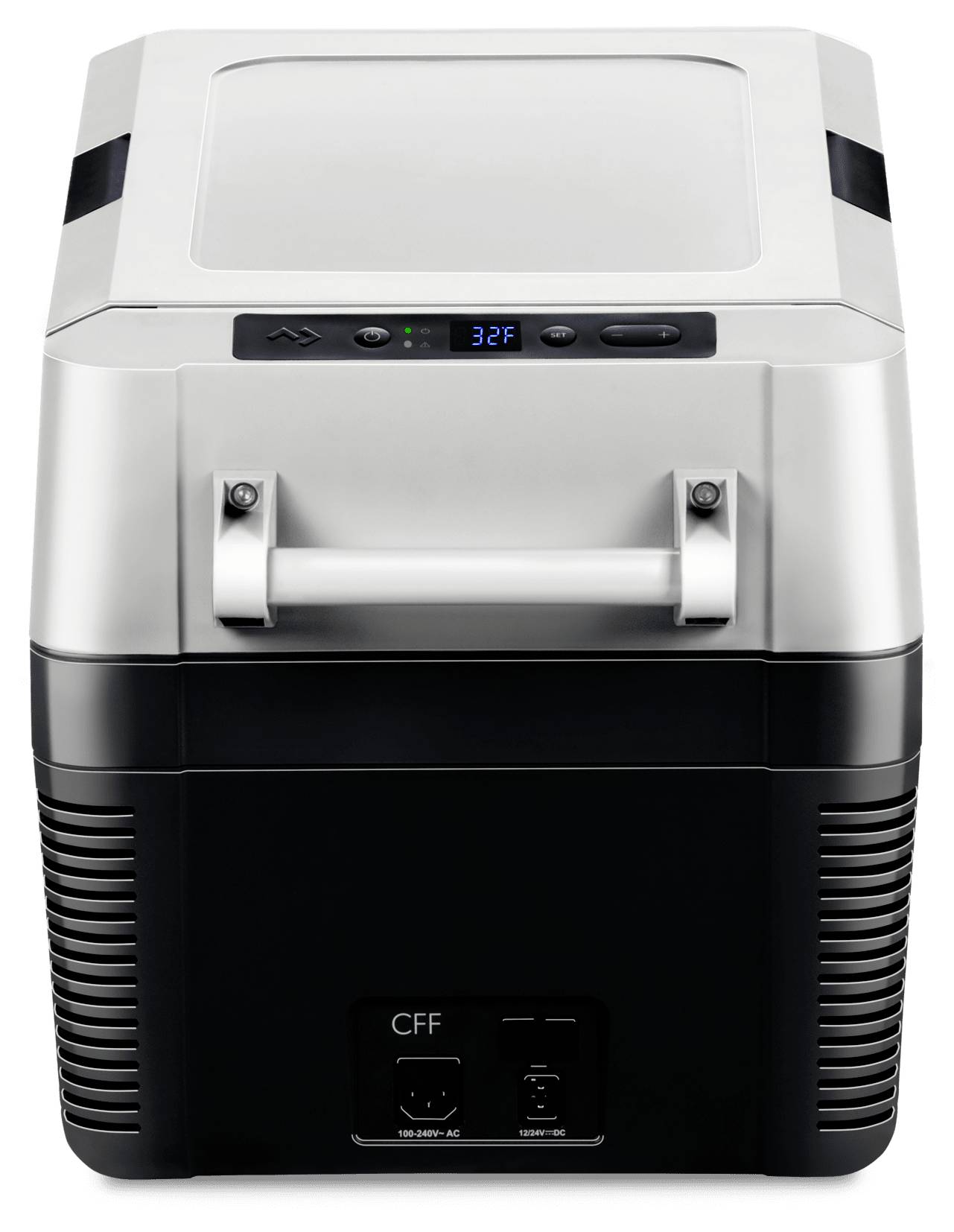 Tragbarer elektrischer Kühlbox mit Klappdeckel, vorderer Griffleiste und digitaler Temperaturanzeige mit Anzeige von 32°F.