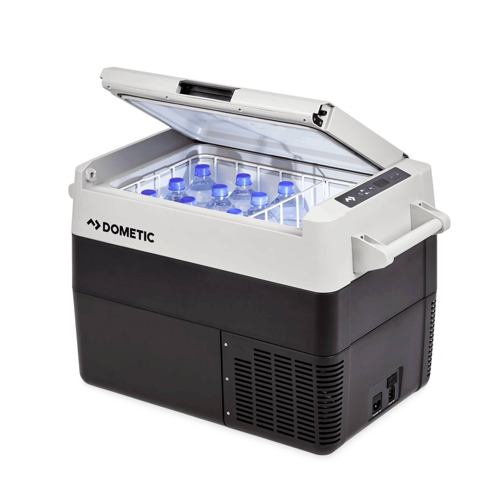 Tragbare Dometic-Elektrokühlbox mit geöffnetem Deckel, mehreren Flaschen mit blauen Verschlüssen im Inneren und Bedienfeld oben.