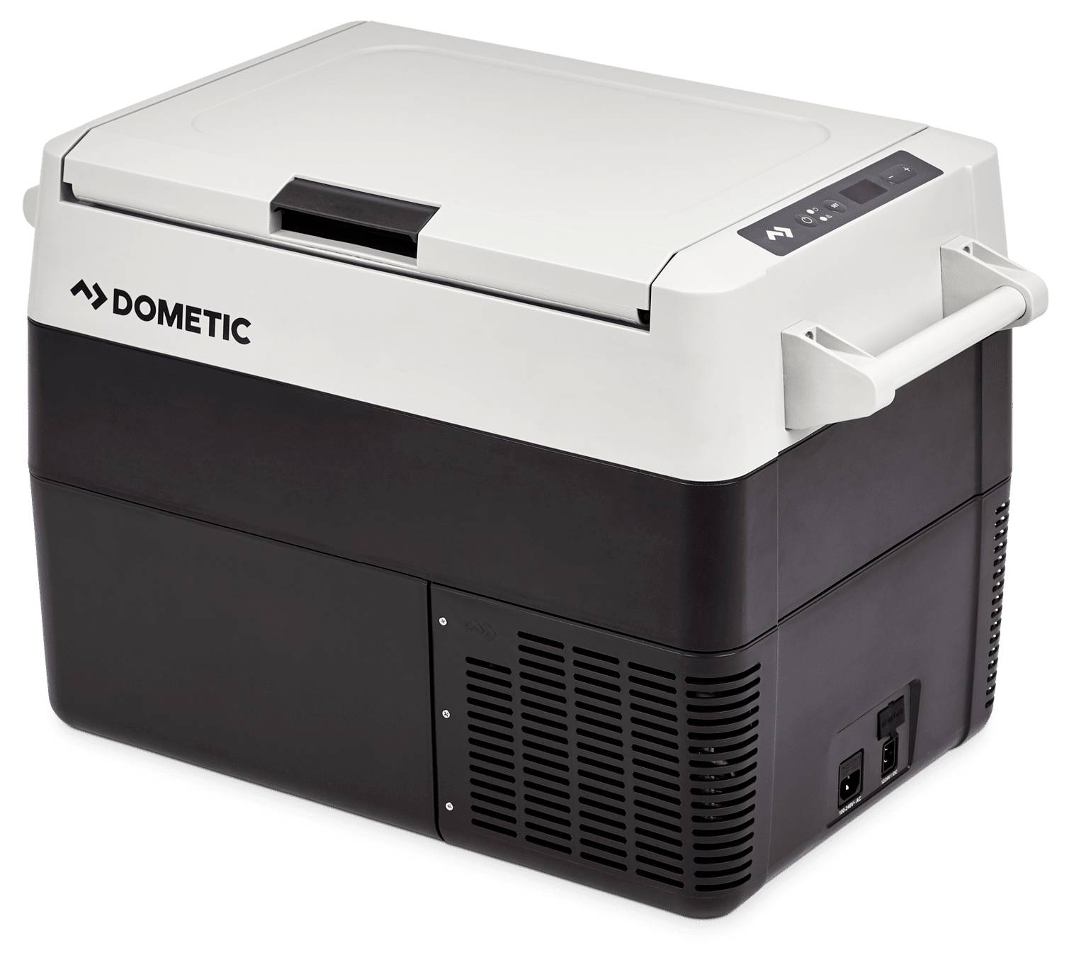 Tragbarer Dometic-Elektrokühler mit weißem Deckel und schwarzem Gehäuse, Seitengriff und Bedienfeld oben.