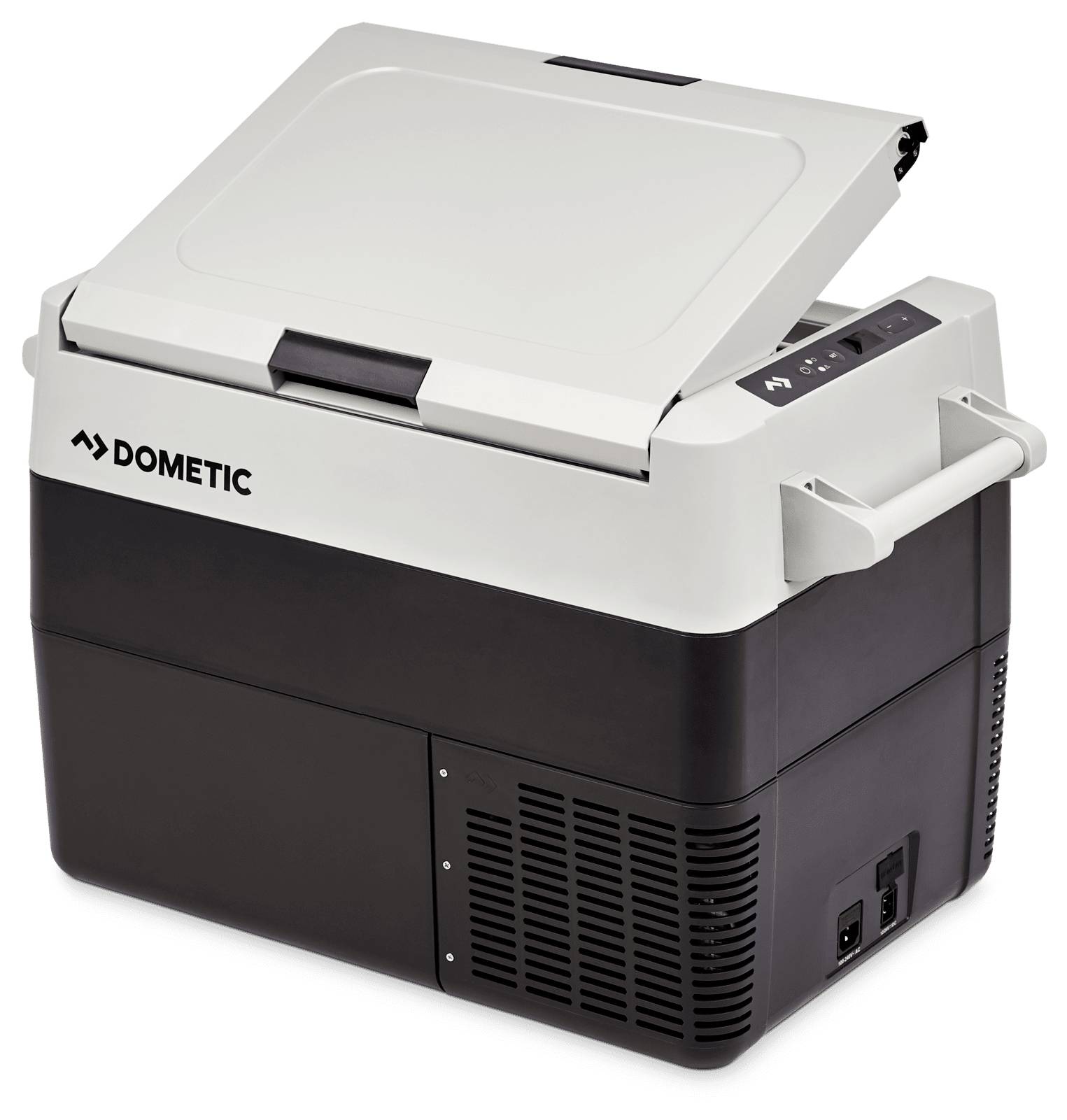 Dometic tragbare elektrische Kühlbox mit Klappdeckel, Seitengriffen, Bedienfeld und Belüftungsgitter an der Vorder- und Seitenseite.