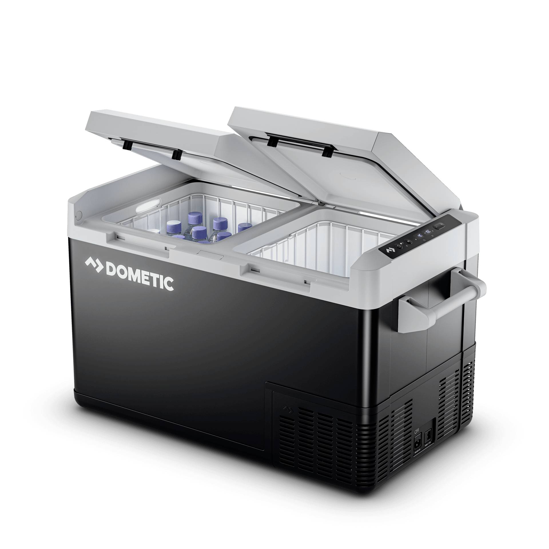 Ein schwarzer tragbarer elektrischer Kühl-/Gefrierschrank von Dometic mit zwei offenen Deckelkompartimenten und Bedienfeld oben rechts.