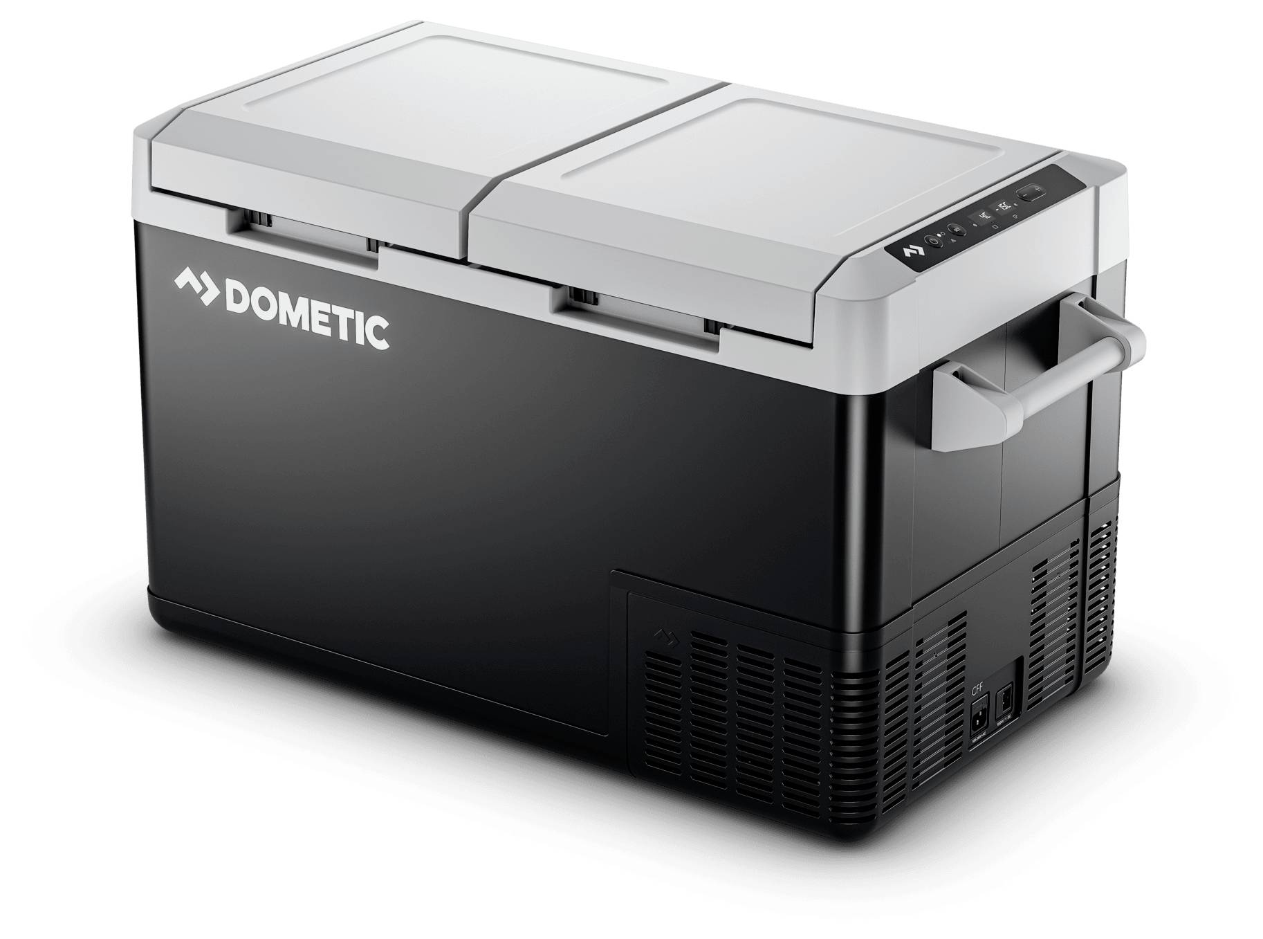 Ein schwarzer tragbarer elektrischer Kühlbox von Dometic mit grauem Deckel mit Scharnier und Tragegriffen, gezeigt auf weißem Hintergrund.