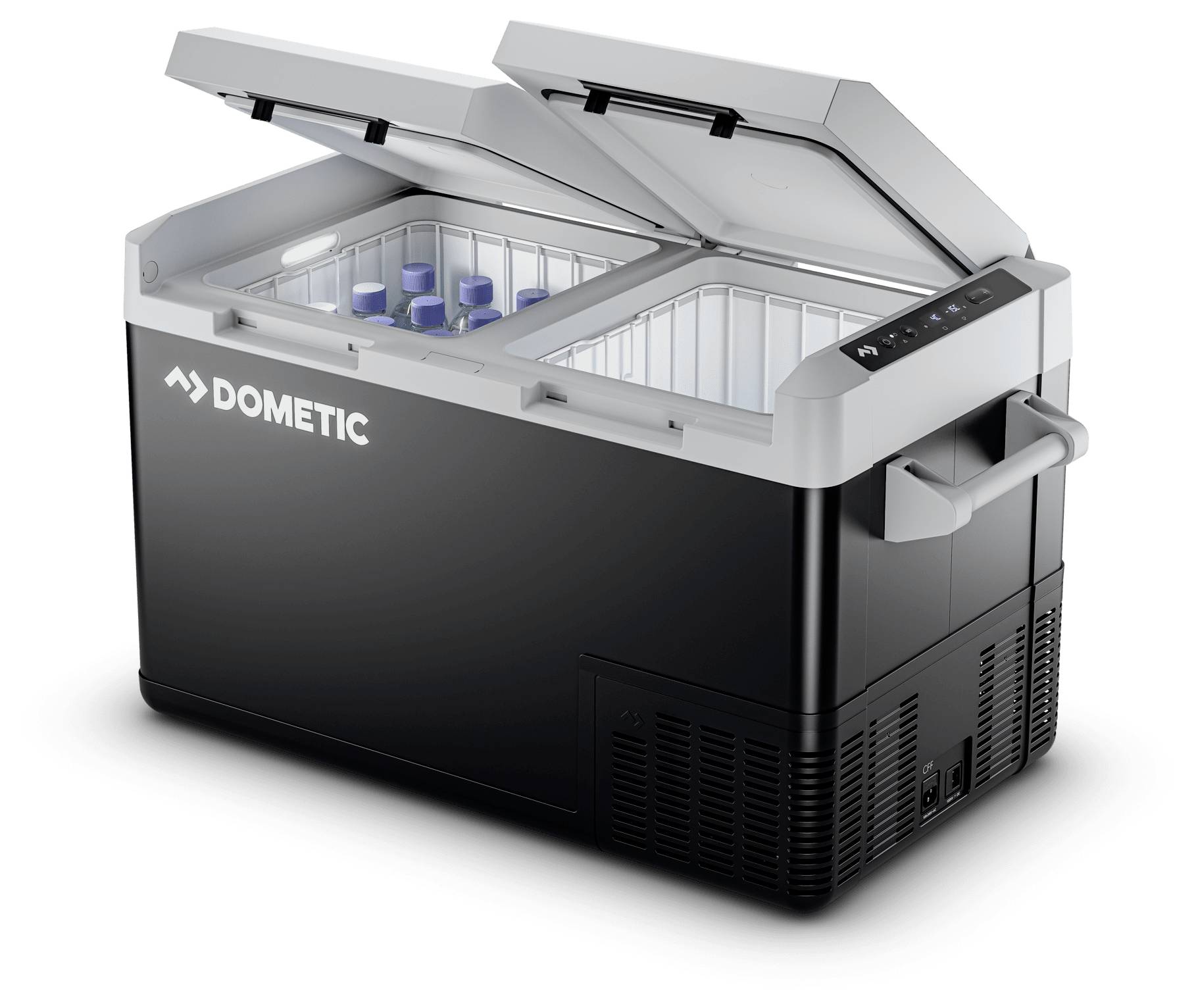 Dometic tragbarer elektrischer Zweikammer-Kühlbox mit zwei offenen Deckeln, mit Innenlagerfläche für Lebensmittel und Getränke.