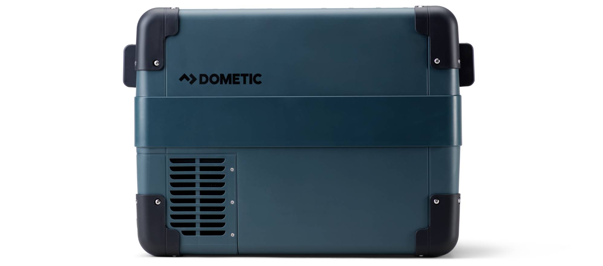 Tragbare Dometic-Kühl- oder Gefriereinheit in Blaugrün mit schwarzen Eckenschutzelementen, dargestellt auf weißem Hintergrund.