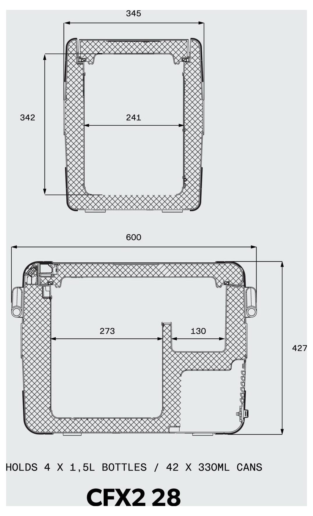 Technisches Schaltplan eines CFX2 28 Kühlers mit Abmessungen und Innenkapazität; gekennzeichnet für 4 x 1,5L Flaschen oder 42 x 330ml Dosen.