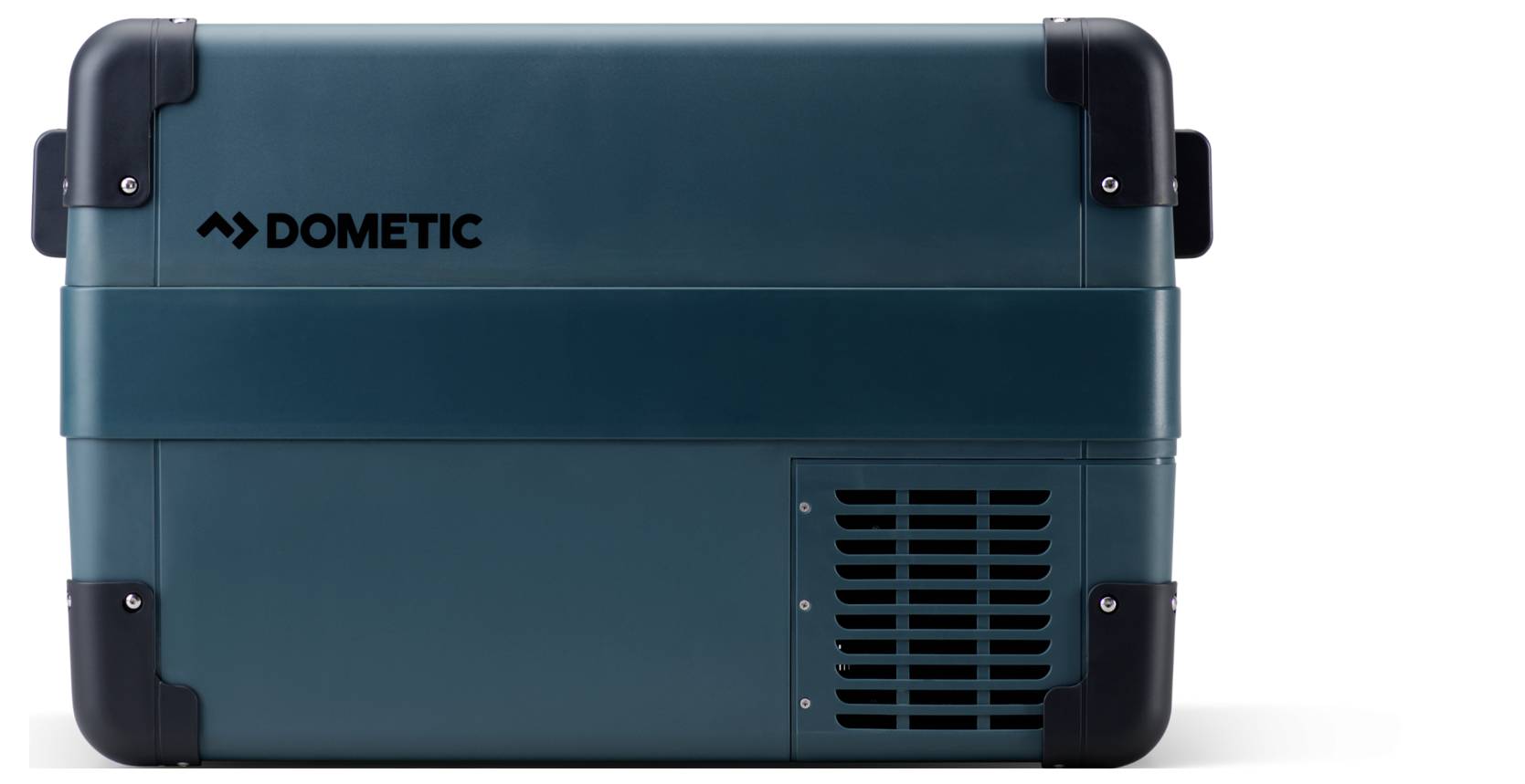 Tragbare Teal Dometic Kühlbox oder Kühlschrank mit schwarzen Eckenschutzvorrichtungen und Frontbelüftung, gezeigt auf weißem Hintergrund.