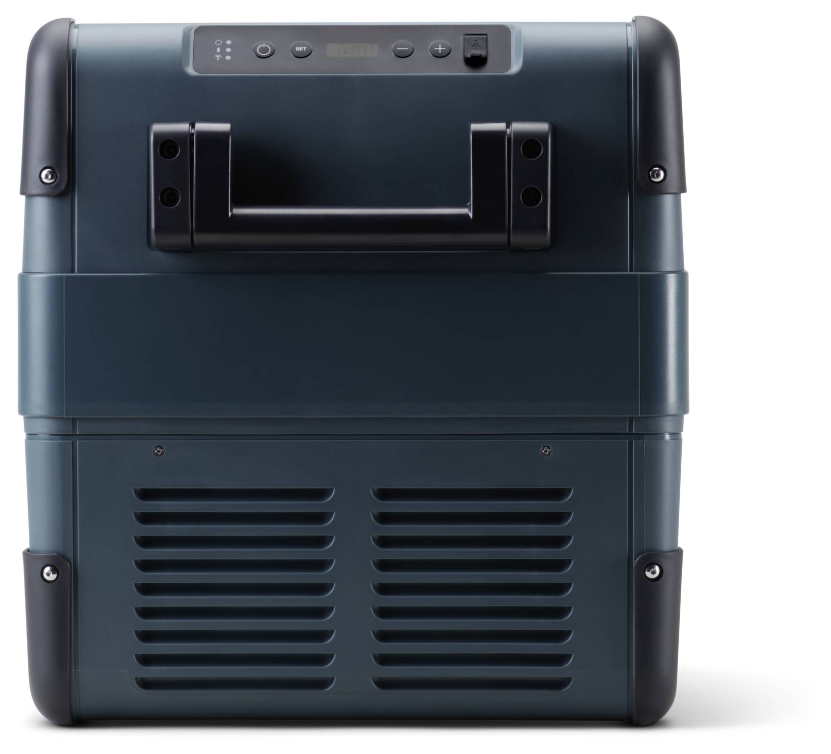 Vorderansicht einer dunkelblaugrünen tragbaren Kühlbox mit einer Bedienplatte oben, Griffen an den Seiten und vorderen Belüftungsgittern auf weißem Hintergrund.