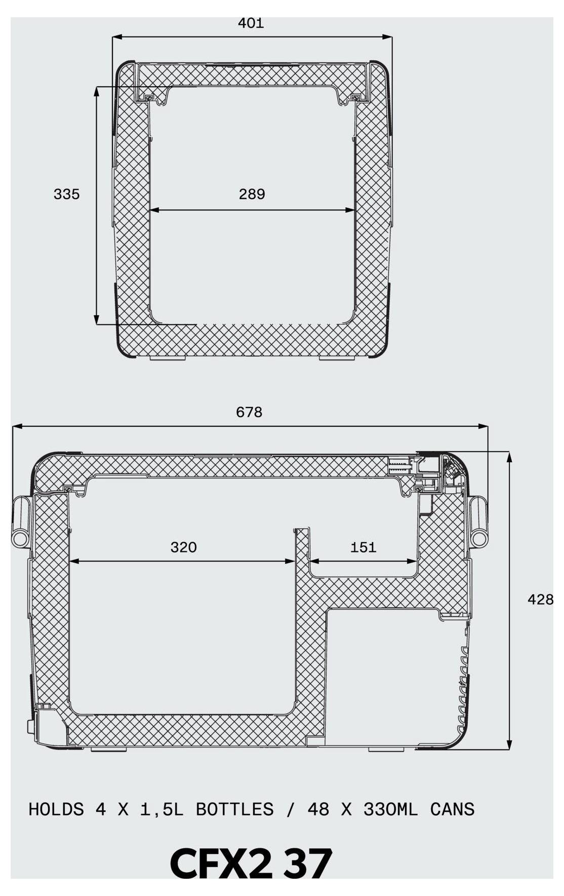 Diagramm eines CFX2 37 Kühlers mit Ober- und Seitenabmessungen, Innenabmessungen und Kapazität: 4 x 1,5L Flaschen oder 48 x 330ml Dosen.