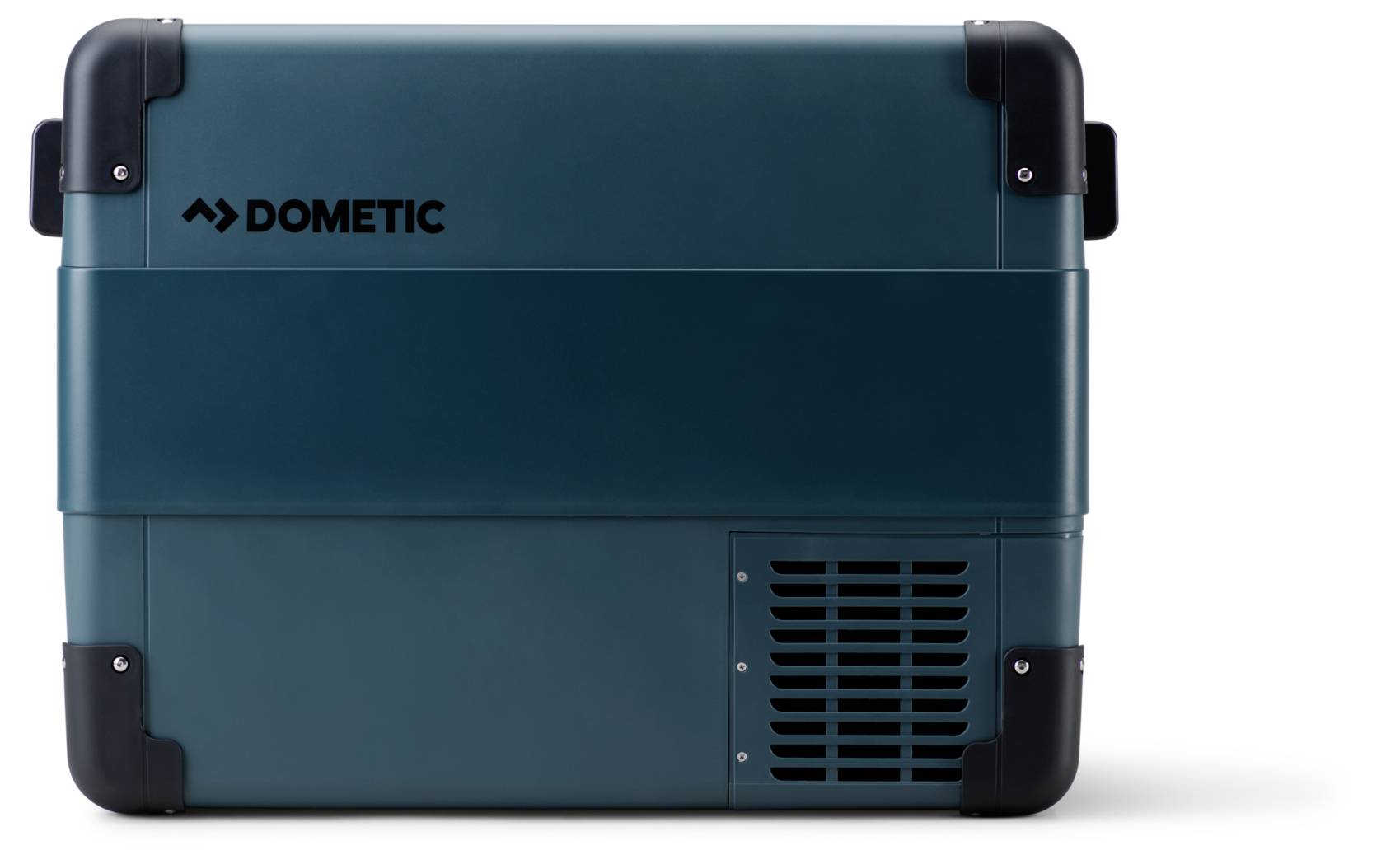 Dometic tragbarer Kühlschrank/Kühler in Dunkelblaugrün und Schwarz, geschlossen von vorne auf weißem Hintergrund dargestellt.
