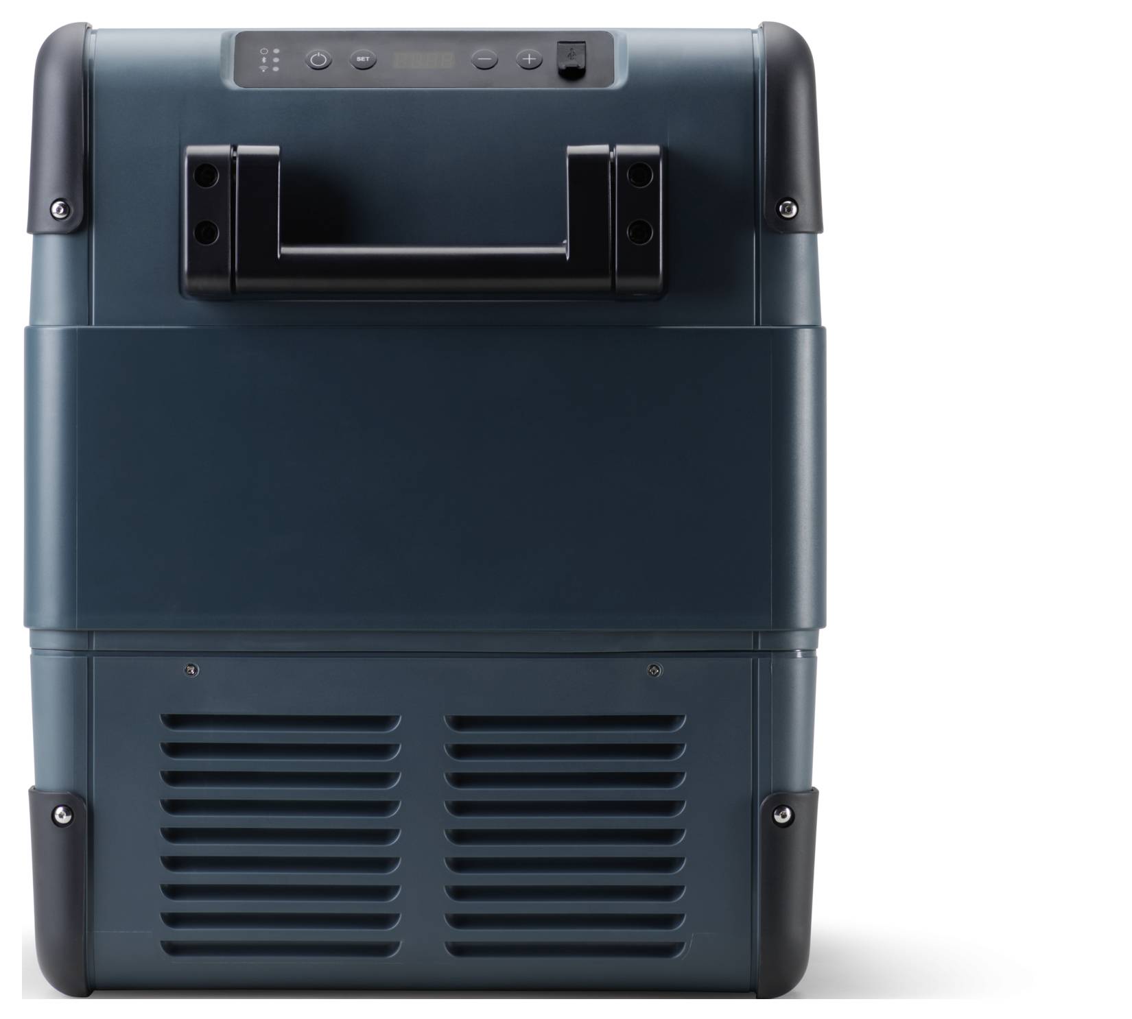 Tragbarer elektrischer Kühlschrank oder Mini-Kühlschrank, dunkelblaugrün mit schwarzem Griff und Lüftungsöffnungen, von vorne auf weißem Hintergrund dargestellt.