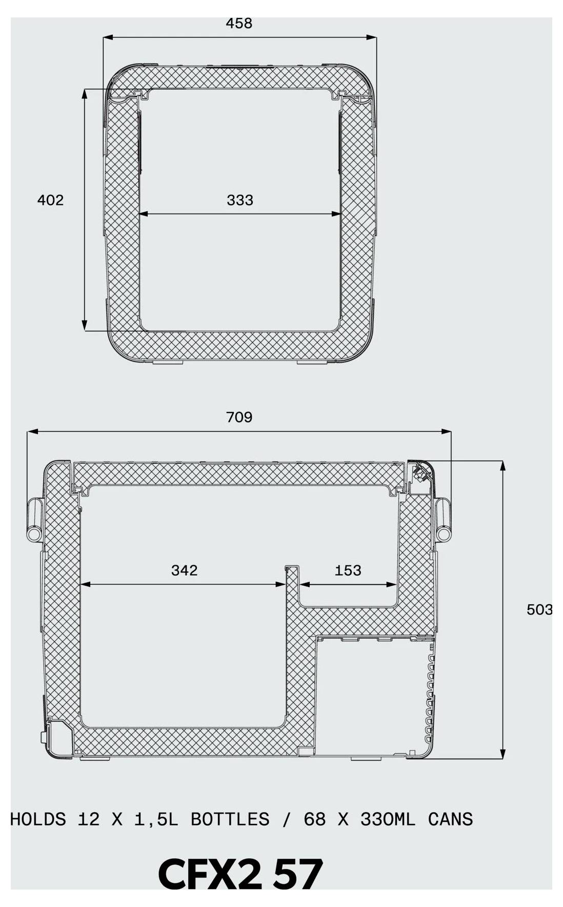 Beschriftetes Diagramm einer CFX2 57 Kühlbox mit Außen- und Innenmaßen sowie Lagerfähigkeit: fasst 12 x 1,5L Flaschen oder 68 x 330ml Dosen.