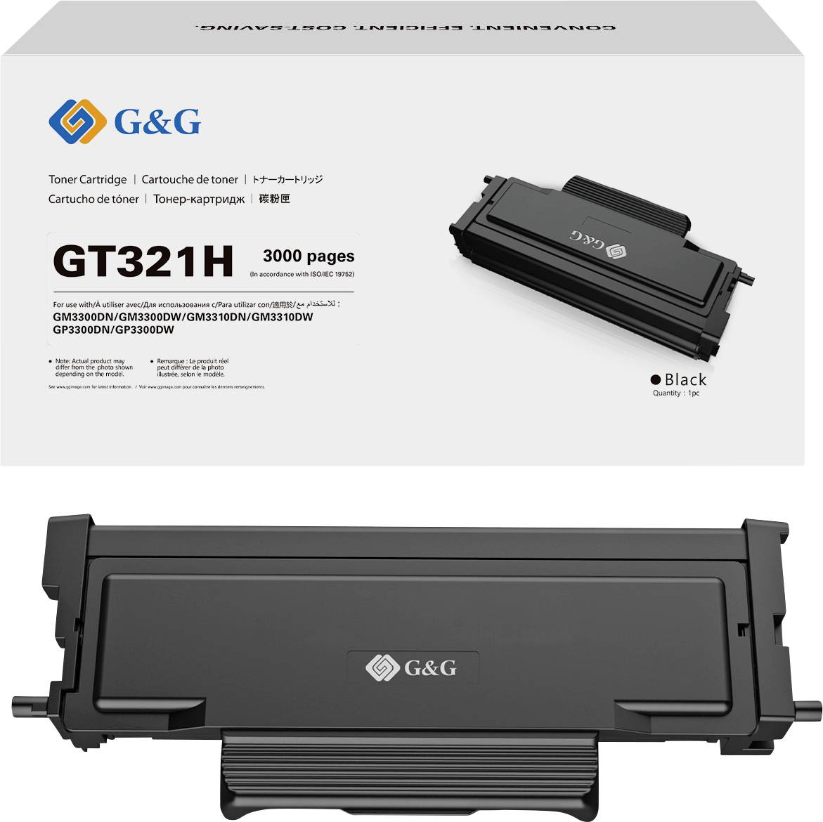 G&G Tonerpatrone mit Modellnummer 'GT321H', kompatibel mit mehreren Druckermodellen. Enthält Patronenabbildung und Kapazität '3000 Seiten'.