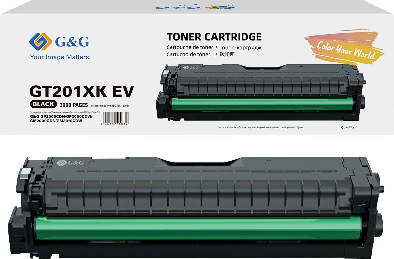 Tonerpatrone für Drucker, Modell GT201XK EV, schwarz, Kapazität 3000 Seiten. Die Schachtel zeigt „Color Your World