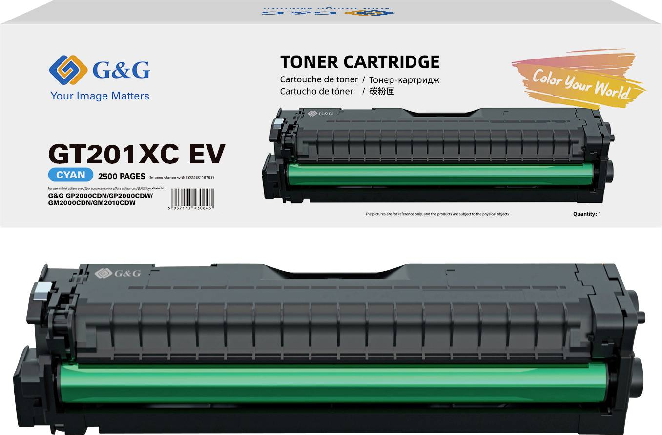 Das Bild zeigt eine G&G-Tonerkartuschenpackung und die Kartusche selbst. Es ist ein Modell GT201XC EV in Cyan, das 2500 Seiten drucken kann.