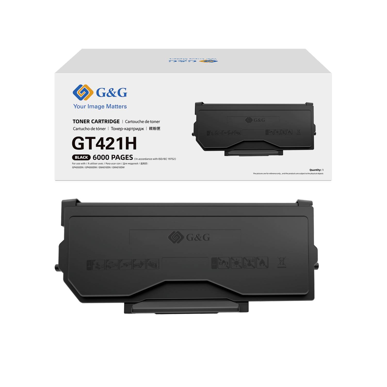Tonerpatronen-Box und Patrone werden angezeigt. Marke ist G&G, Modell GT421H, schwarz, mit einer Reichweite von 6000 Seiten.