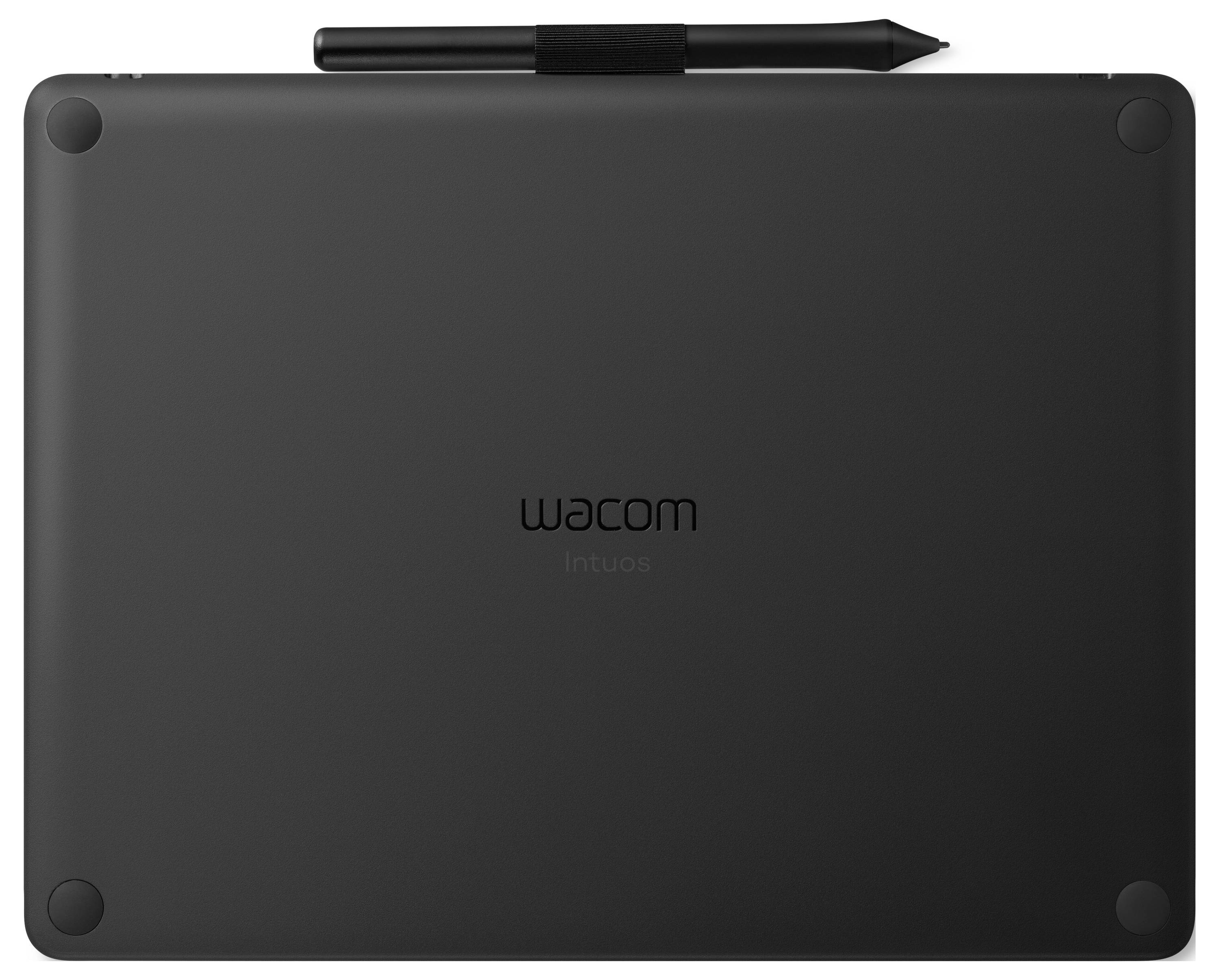 Ein schwarzes Wacom Intuos Tablet mit einem Stift, der oben darauf positioniert ist.