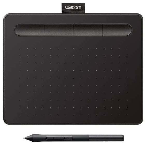 Ein schwarzes rechteckiges Wacom-Tablet mit drei Tasten oben wird mit einem Stift dargestellt, der darunter platziert ist.