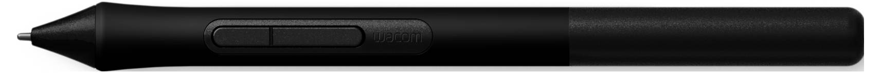 Ein schwarzer digitaler Stifttstift mit zwei Seitentasten, entwickelt zur Verwendung mit einem Grafiktablett.