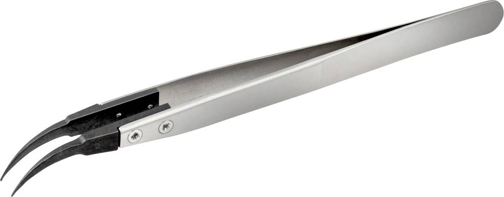 Gebogene Metallpinzetten mit scharfen, spitzen Enden, die für Präzisionsaufgaben wie Elektronik oder die Handhabung kleiner Teile verwendet werden.