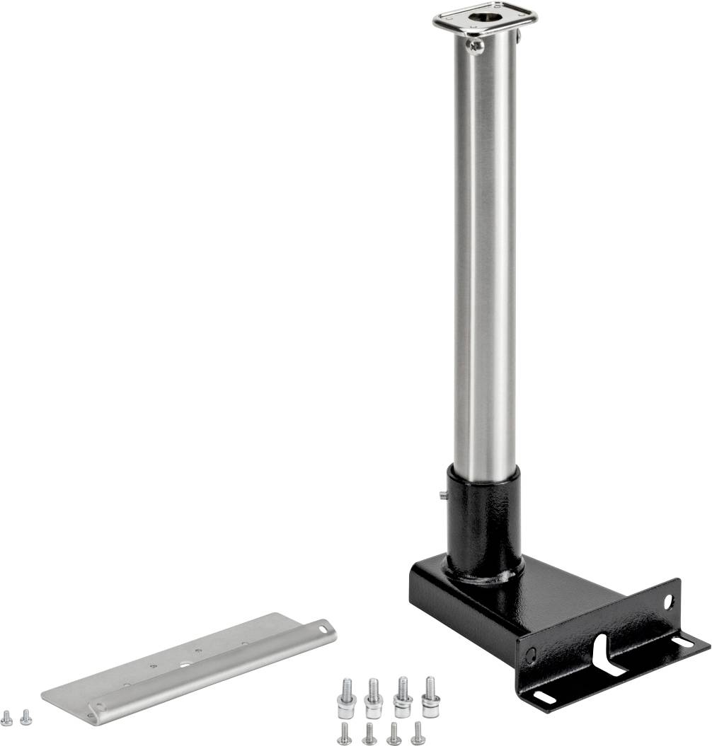 Verstellbares Tischbein aus Stahl mit rechteckiger schwarzer Basis und silbernem Kopfhalter; Schrauben und Befestigungsplatte enthalten.