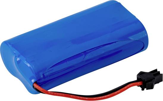 Ein blauer wiederaufladbarer Batteriepack mit einem angebrachten rot- und schwarzen Stecker, möglicherweise für elektronische Geräte oder Spielzeug verwendet.