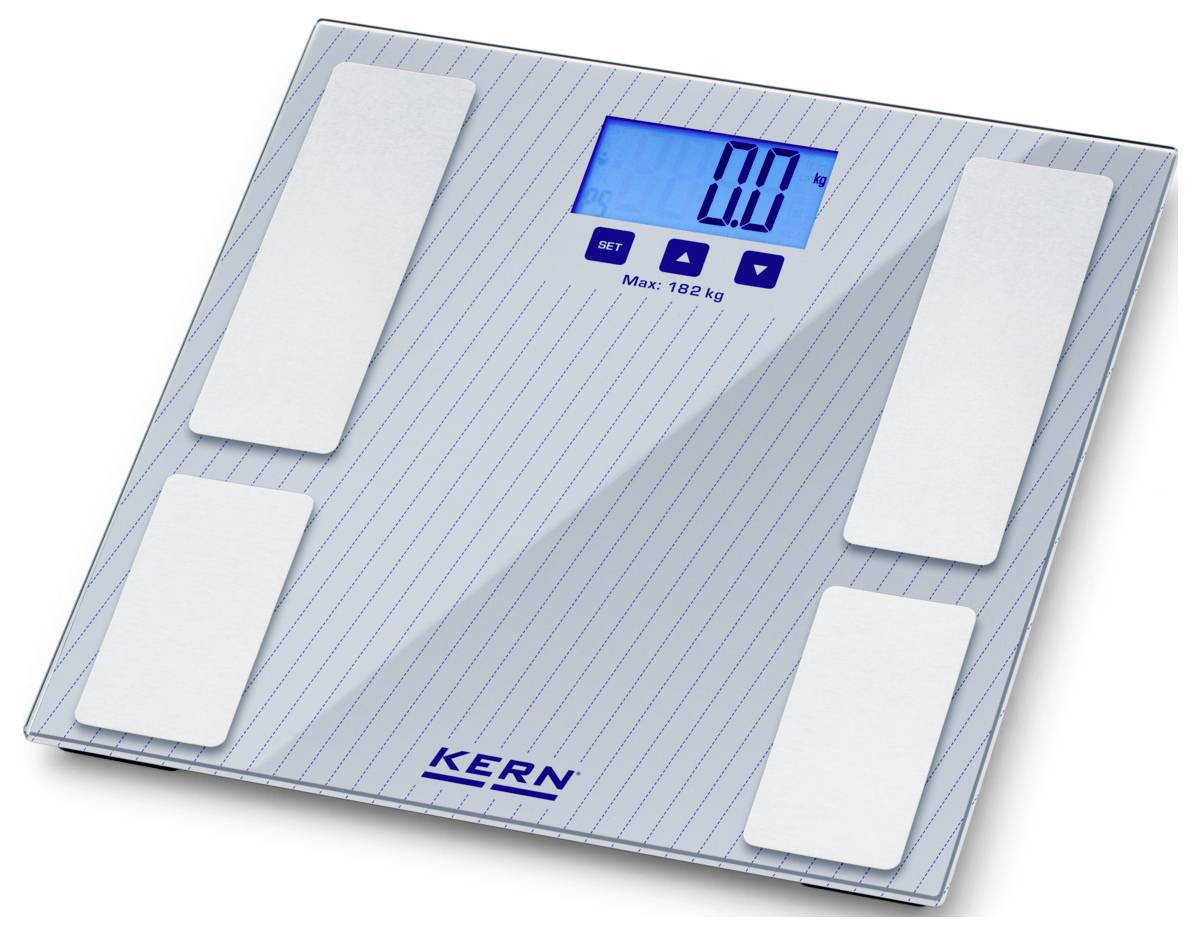 Eine digitale Badezimmerwaage mit blau beleuchteter Anzeige, die „0,0