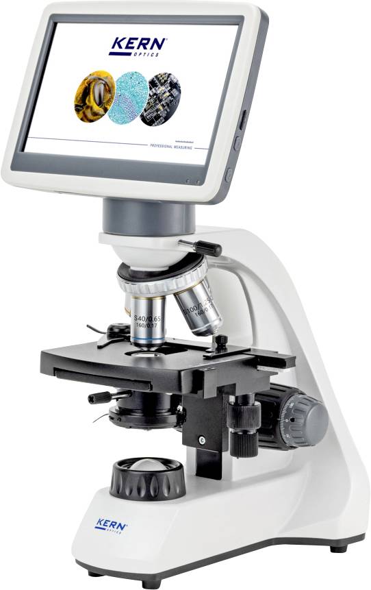 Digitales Mikroskop mit Bildschirm zur Anzeige wissenschaftlicher Bilder. Die Ausstattung umfasst verstellbare Vergrößerung und Fokussierungsknöpfe.