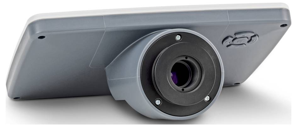 Ein grau-schwarzes Kamera- oder Sensorgerät mit einer zylindrischen Linse ist in einem Winkel auf einer rechteckigen Basis angebracht.