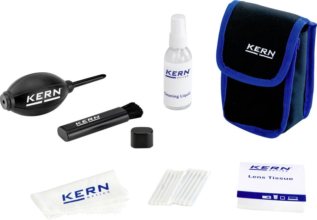 Kamerareinigungsset einschließlich Blasebalg, Reinigungsflüssigkeit, Bürste, Etui, Tuch, Wattestäbchen und Objektivtücher, alle mit der Marke 'KERN'.