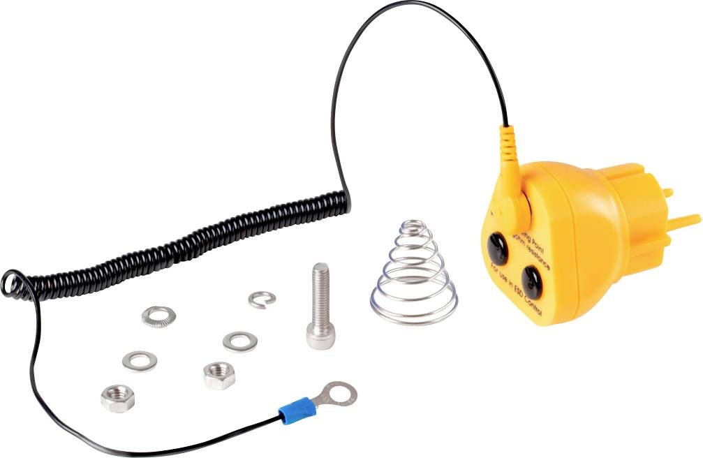 Ein gelber Erdungsprüfstecker mit angeschlossenem Kabel, ein Satz Unterlegscheiben, eine Metallfeder und ein Bolzen.