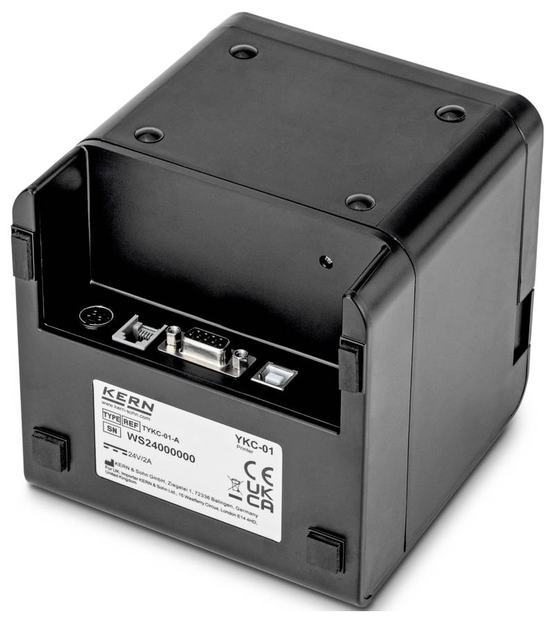 Das Bild zeigt die Rückseite eines grauen elektronischen Geräts mit einer Halterung, die einen kreisförmigen Bedienungsknopf, eine Stromsteckdose und einen USB-Anschluss aufweist.