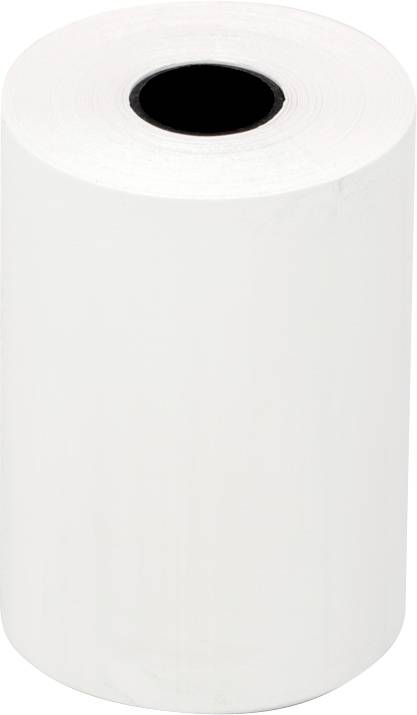 Eine ebene weiße Rolle aus Thermopapier mit einem schwarzen Innenkern, vertikal vor einem weißen Hintergrund stehend.