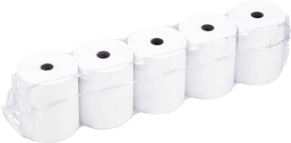 Fünf Rollen weißes Papier in durchsichtiger Kunststoffverpackung, horizontal angeordnet.