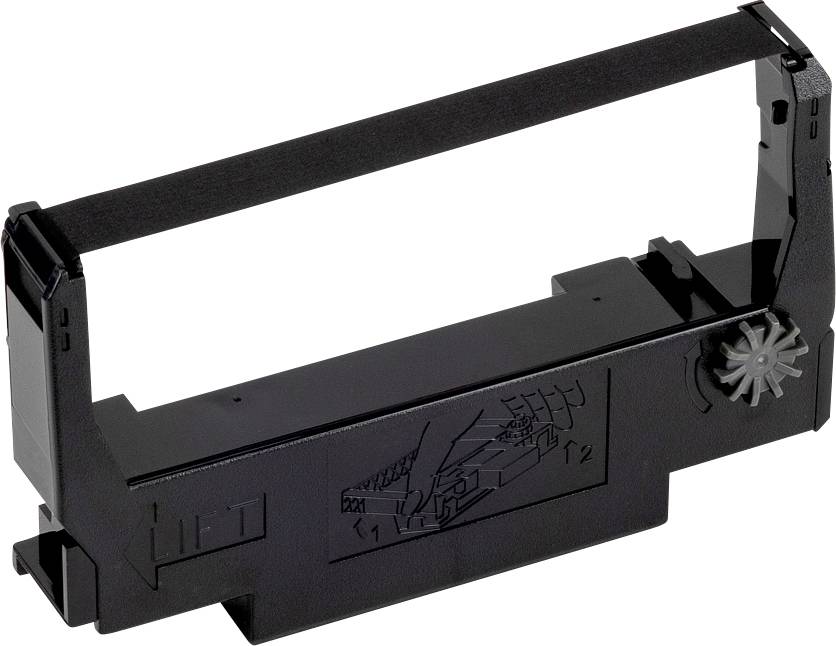 Eine schwarze Druckerband-Patrone mit Zahnradmechanismus, verwendet für Nadeldrucker, mit eingefügtem Farbband.