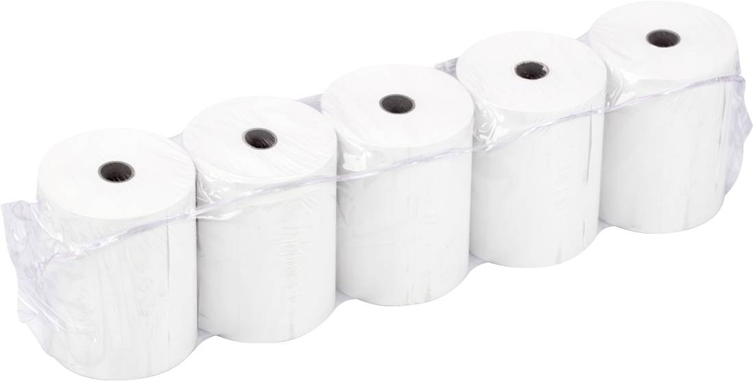 Ein Paket mit fünf Toilettenpapierrollen, die in durchsichtiger Kunststofffolie eingewickelt sind und in einer Reihe angeordnet sind.