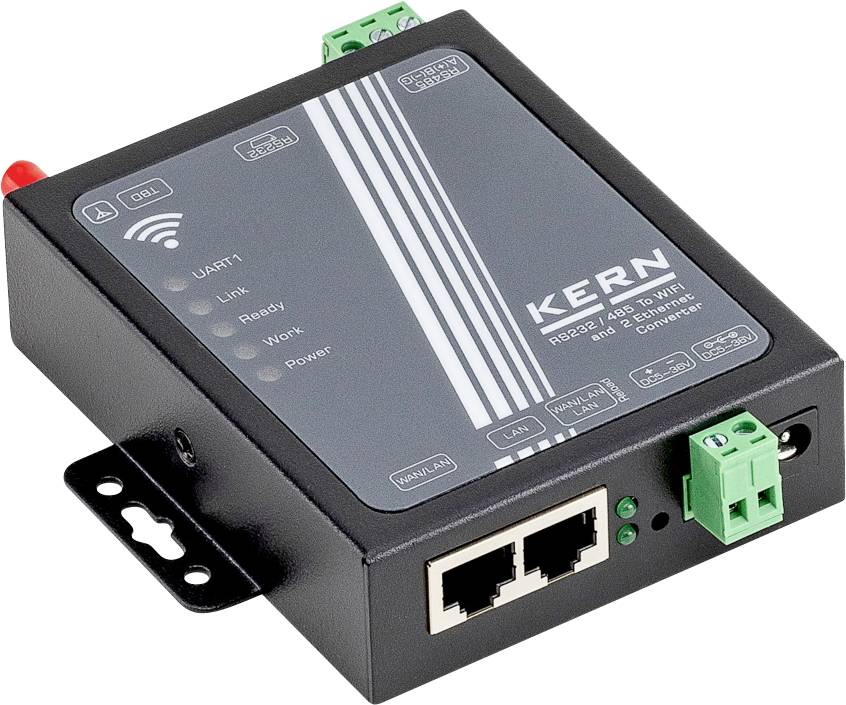 'KERN' Marken-Industrie RS232-/485-zu-Wi-Fi-Konverter mit Ethernet-Anschlüssen und Anzeigelichtern für Verbindung, Bereitschaft, Betrieb und Stromversorgung.